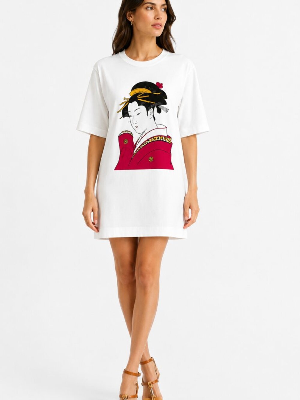 ICHIBAN WHITE ASIAN GRAPHIC PRINT MADE IN JAPAN SHORT SLEEVE TUNIC SHIRT DRESS